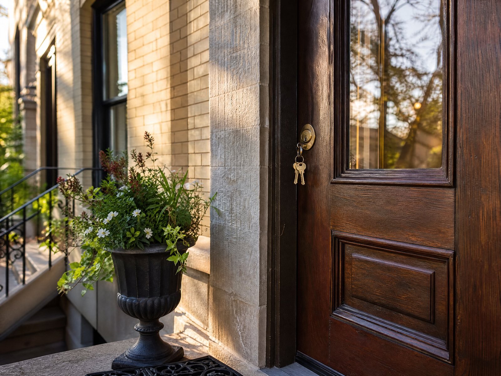 Front door with keys in the lock on a Chicago home