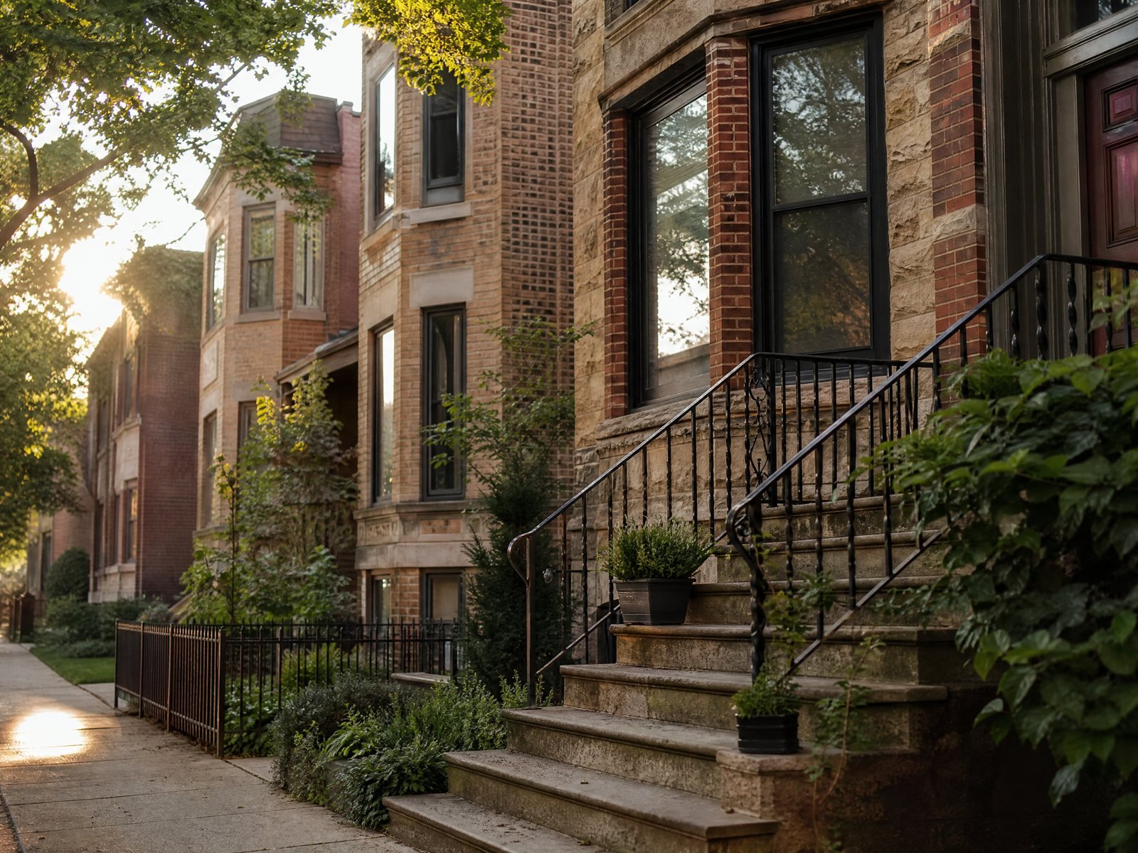 Tree lined Chicago residential street with neighborhood homes at golden hour