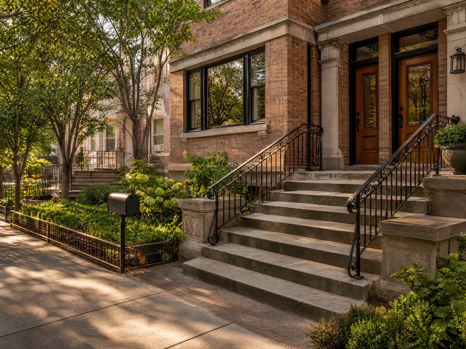 Front porch steps and mailbox on a Chicago street